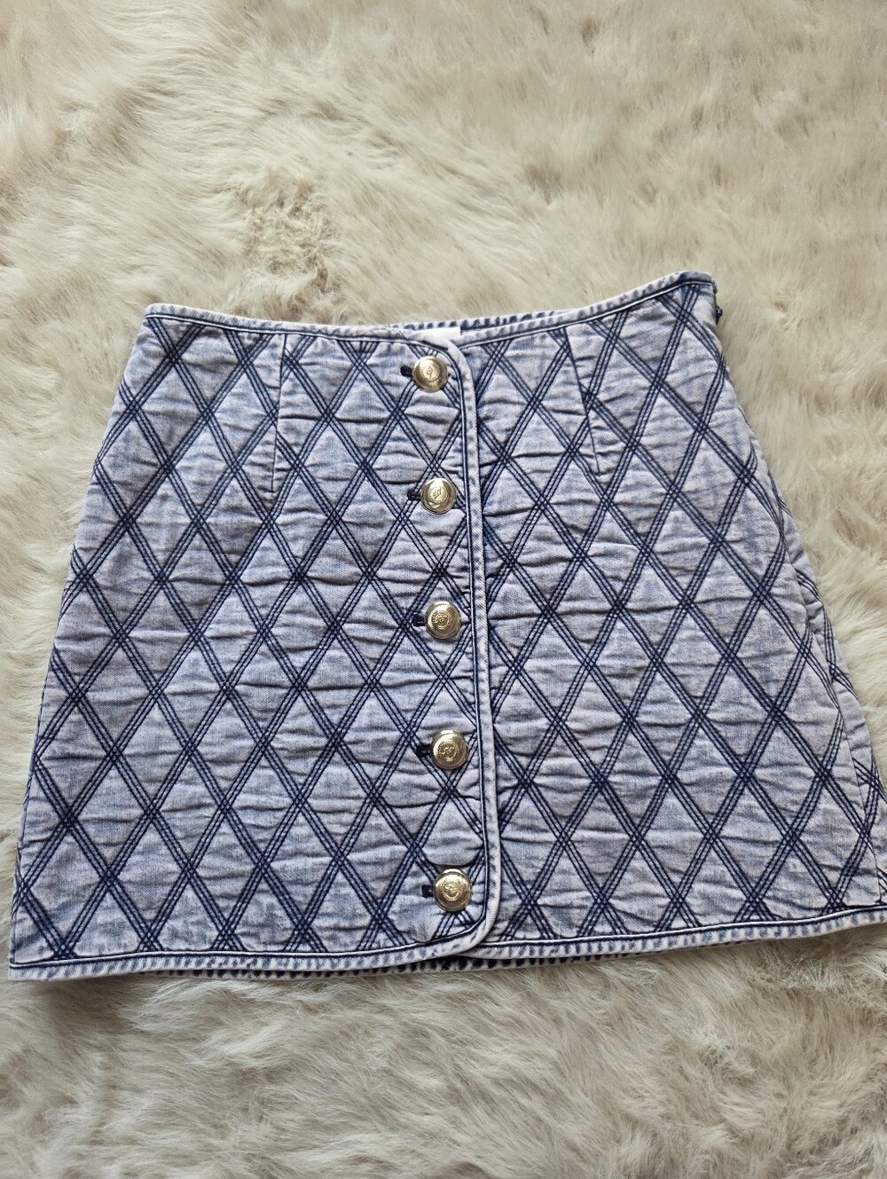 cinq a sept Light Blue Quilted Diamond-Pattern Mini Skirt with Gold Buttons - Picture 2 of 7